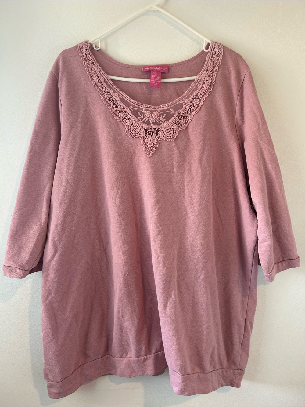 Woman Within Dusty Rose Crochet-Trim Pullover - Picture 1 of 4